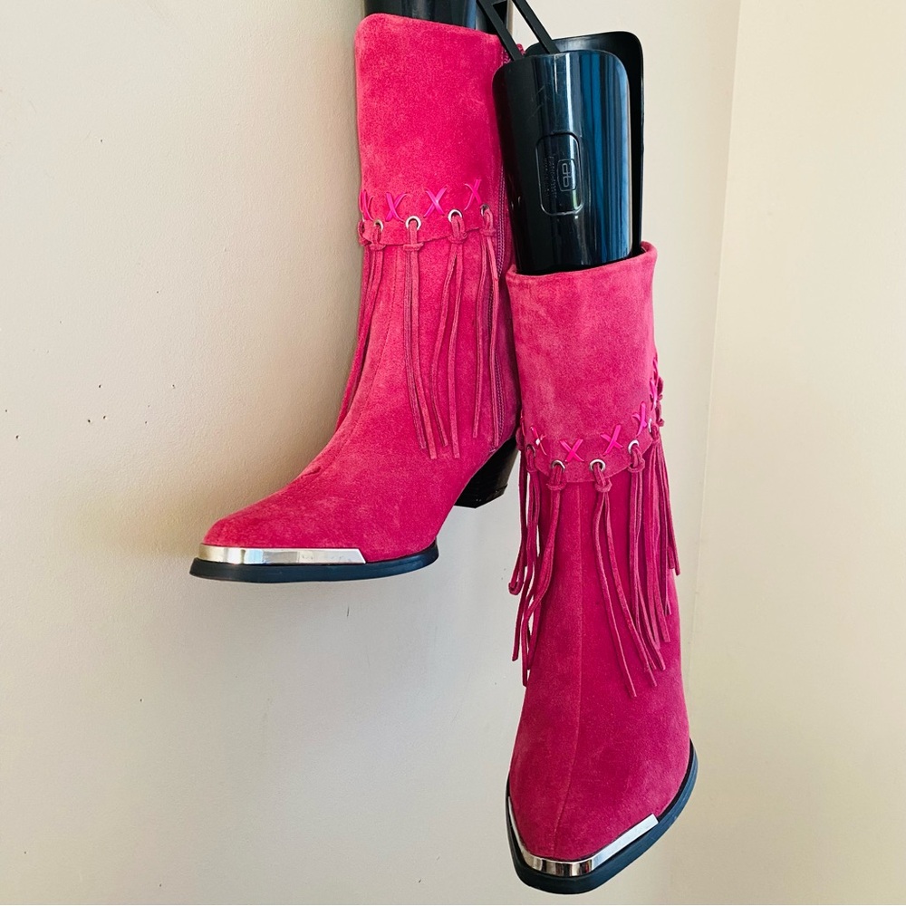 Suede Fringe Ankle Boots - Pink - Picture 3 of 16
